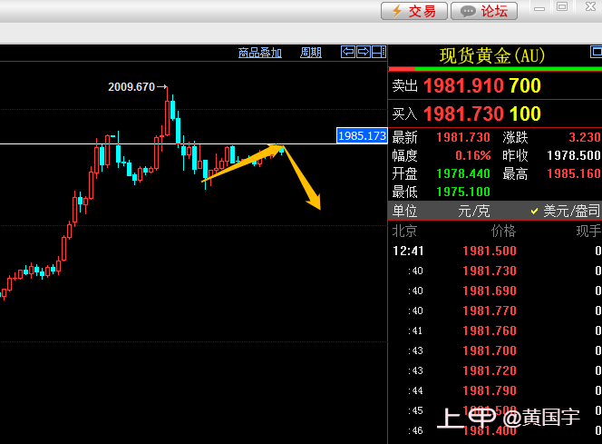 黄国宇：3-21黄金1984.50区域做空